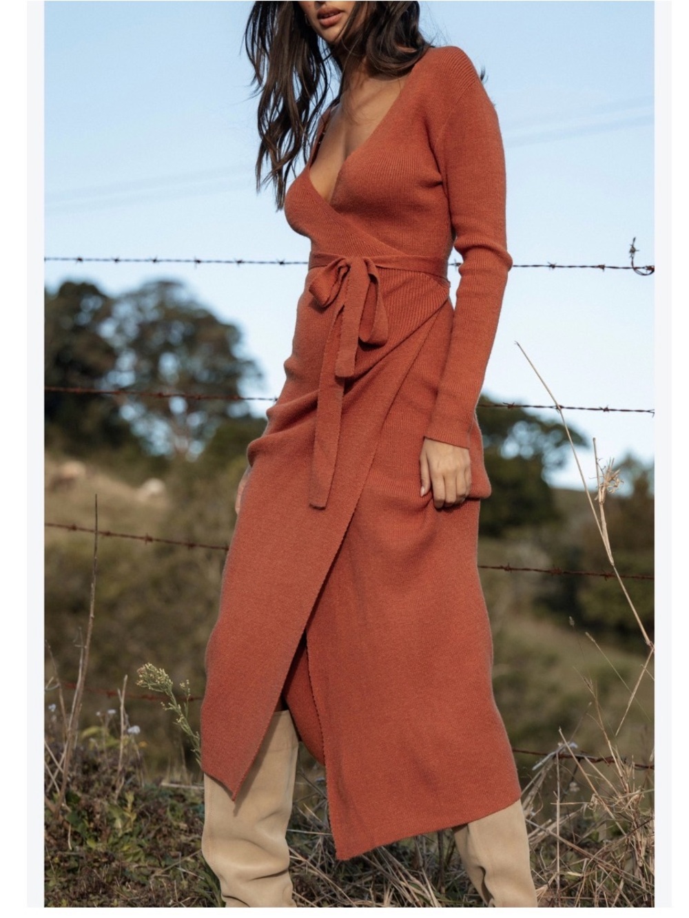 Hem & Thread Rust Wrap Knit Maxi Dress